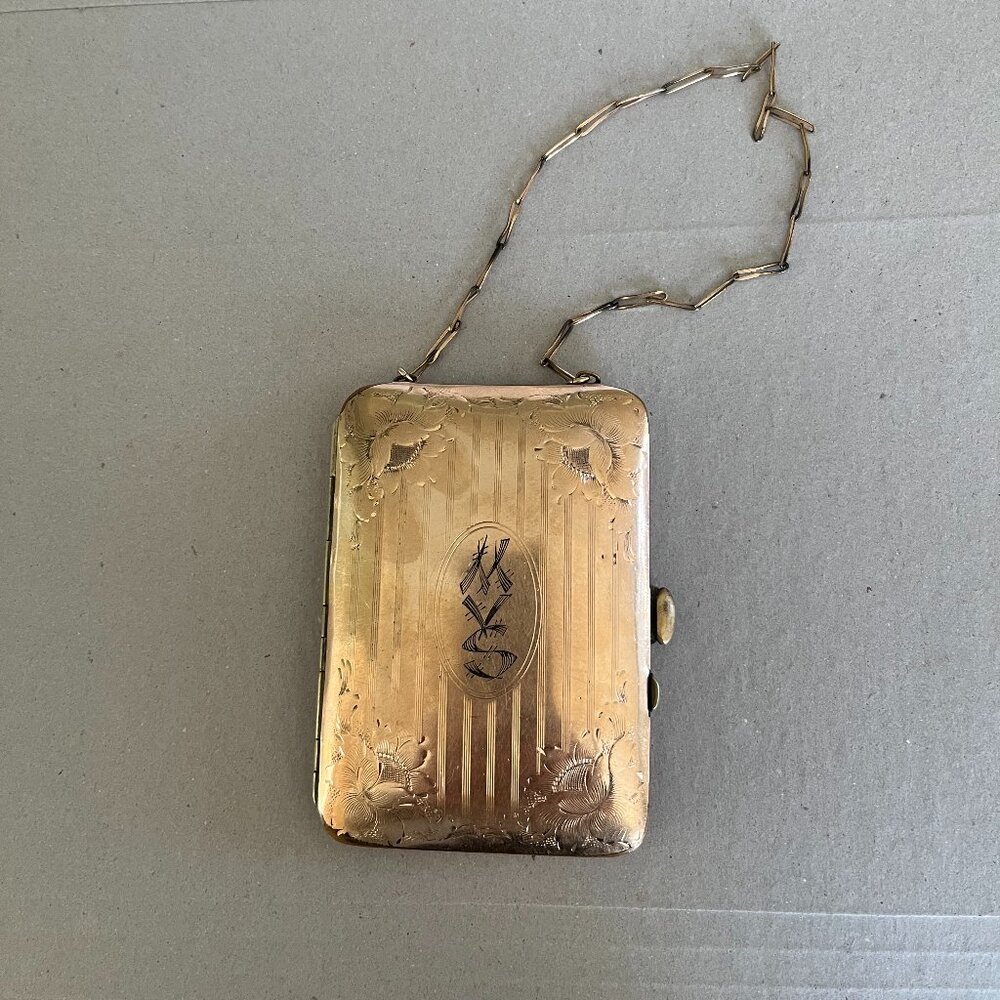 Vintage Art Nouveau "solid gold shell" miniature coin purse with attached chain